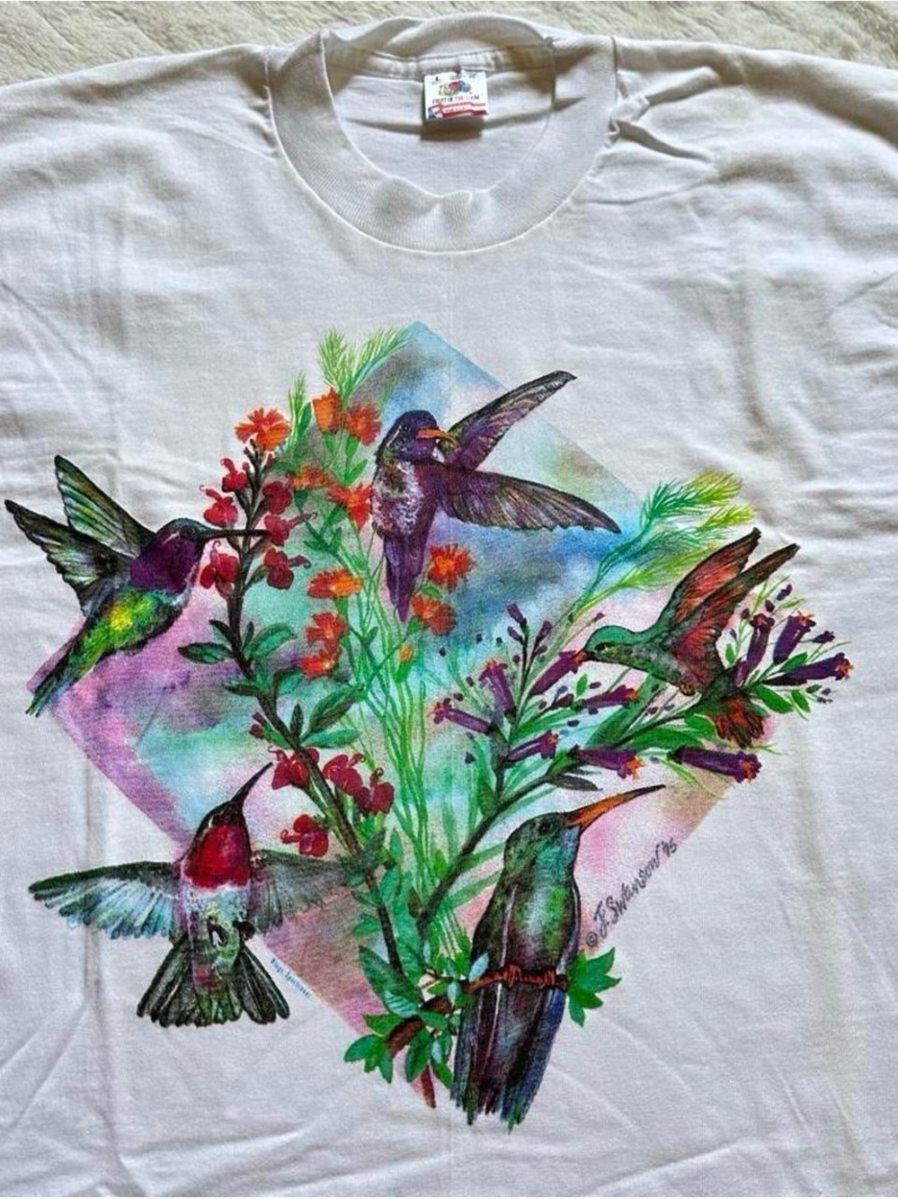 Vintage 1990s White Graphic Hummingbird T-Shirt - Colorful Floral Print XL